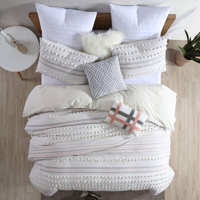Anahita 100% Cotton Clipped Dot Stripe Jacquard 5-Piece Bedding Comforter Set - Blush - King - Cal King