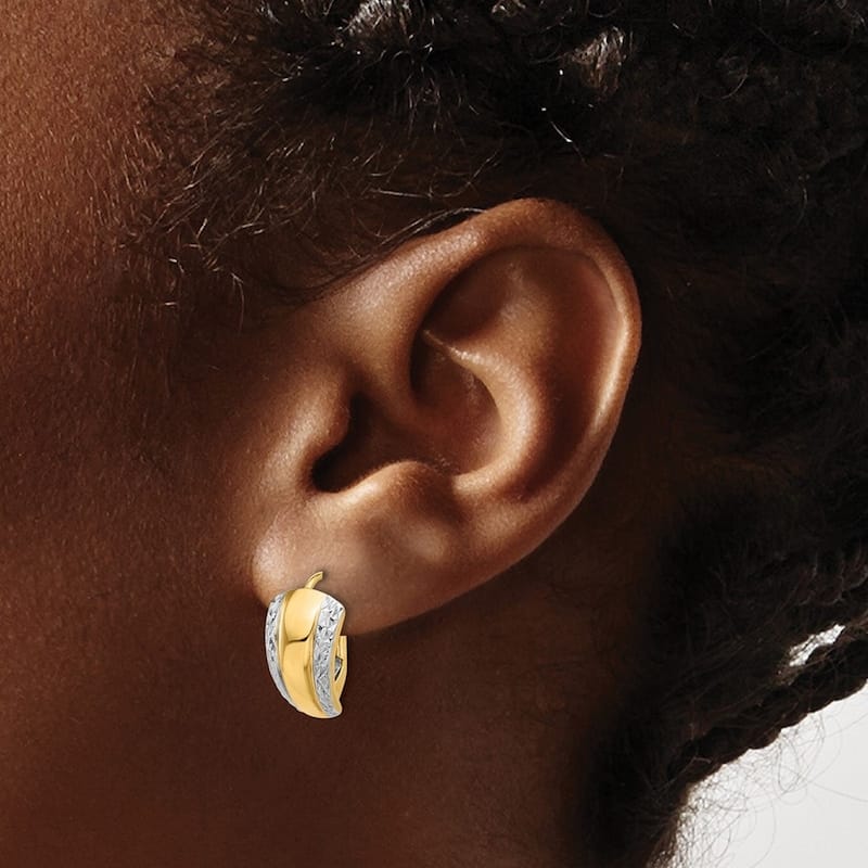 Curata 14k Yellow Gold White Rhodium Polished and Diamond cut Leverback Earrings - 15.1x11.1mm
