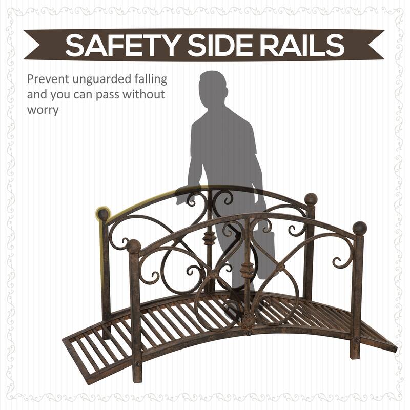 Outsunny Classic Garden Bridge with Safety Railings Arc Footbridge Decorative Pond Bridge for Backyard Creek Stream, Rust Brown