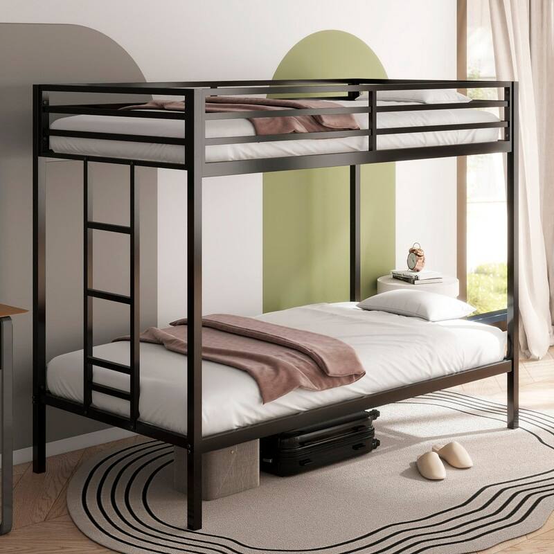 Twin Over Twin Metal Bunk Bed with Ladder and Guardrails
