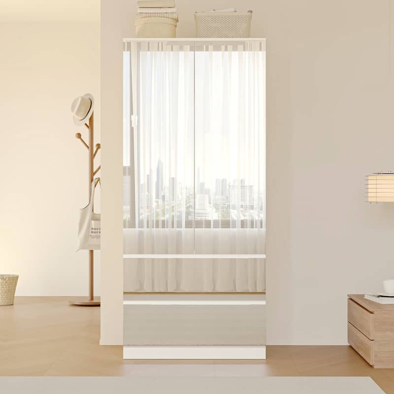 Modern Mirrored Wardrobe Armoire with Hanging Rod White Bedroom Storage Cabinet, Freestanding Closet Organizer