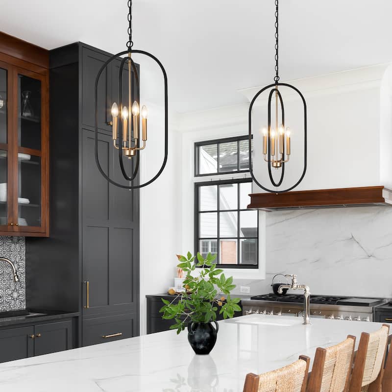 Modern 4-Light Black Gold Metal Chandelier Geometric Candle Pendant Light for Dining Room - 14.5" L x 11" W x 29.5" H