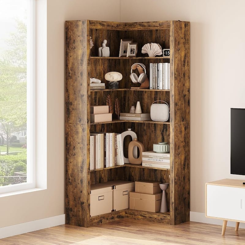 Industrial L Shaped Corner Bookshelf with Open Shelves - N/A - Brown