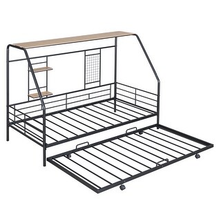 Twin Metal House Bed with Trundle, Sturdy Bedframe w/Built-in Shelf and Grid for Kids Bedroom, Dorm, No Box Spring Needed, Black