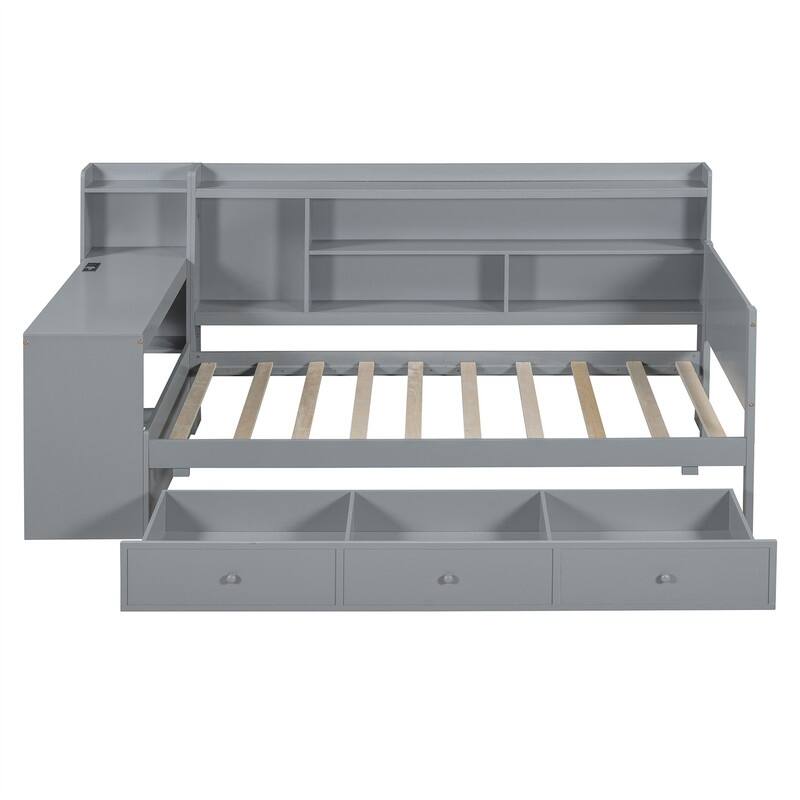 Twin/Full Daybed with 3 Storage Drawers and Bedside Desk, Wooden Day Bedframe Sofa Bed with Storage Shelves and USB Ports