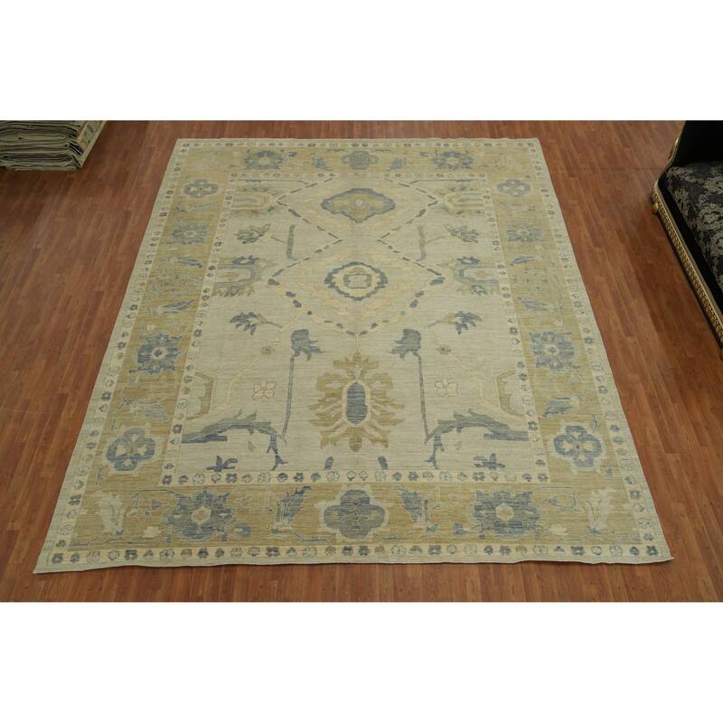 Vegetable Dye Wool Oushak Turkish Large Rug, Floral Geometric Carpet - 14' 3'' X 12' 2''