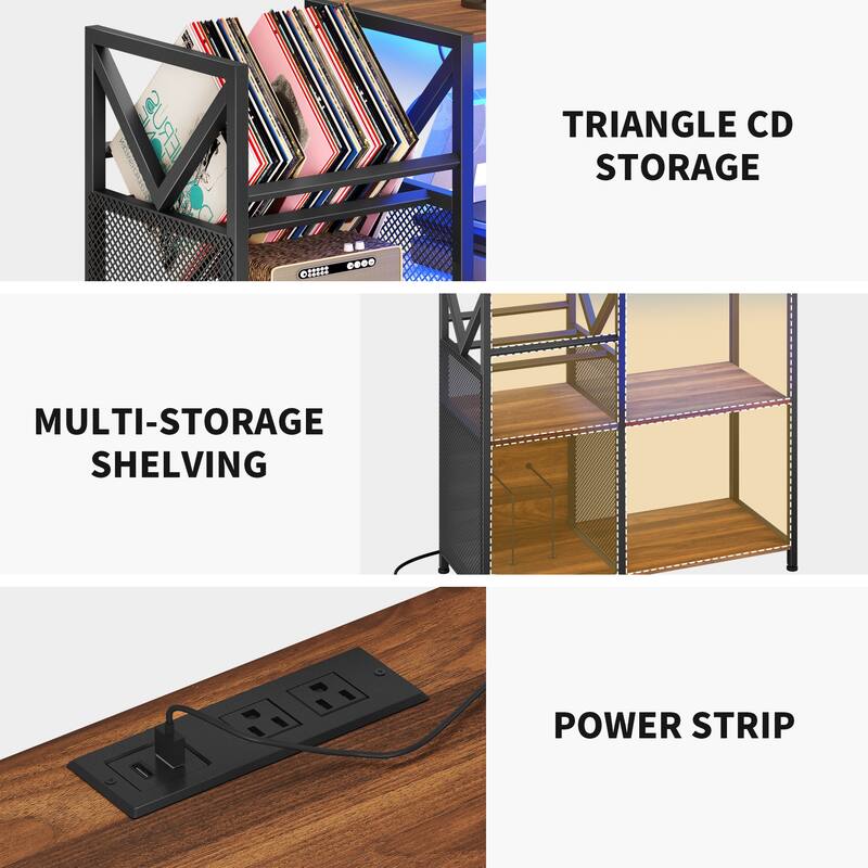 3 Tier Record Player Stand DVD/ CD Media Storage Cabinet with Power Outlets