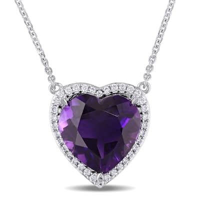 Amethyst and 1/5ct TDW Diamond Heart-Cut Halo Necklace in 14k White Gold by The Miadora Signature Collection - Purple