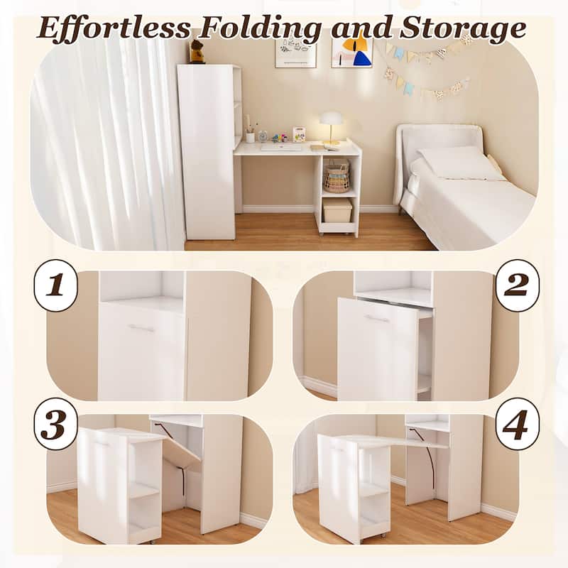 Burlywood Foldable Desk with Wheels, Office Desk with Storage for Small Spaces