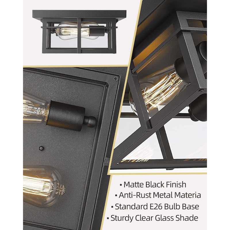2 - Light 12.2'' Square Black Glass Shade Flush Mount Lighting - 12.2