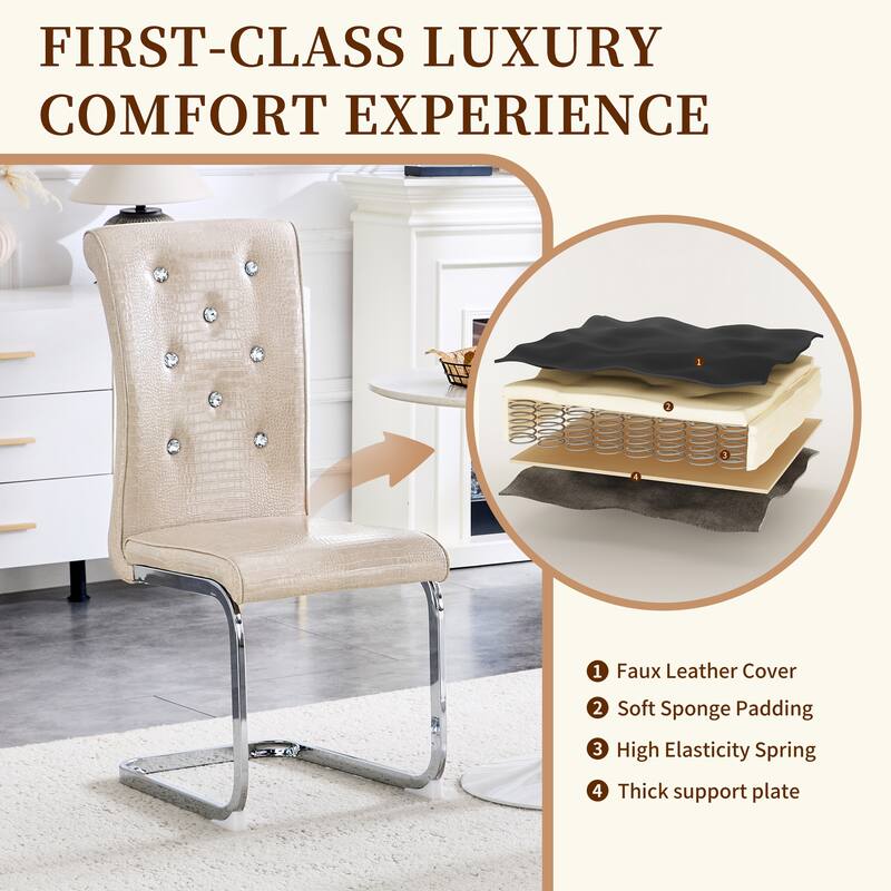 Set of 4, Retro Faux Alligator Skin Upholstered Dining Chairs, with Crystal Buckle Design and Faux Leather Design