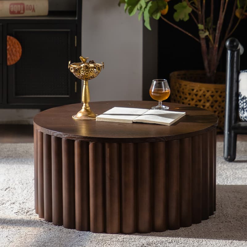 Round Lift Top Coffee Table with Handcrafted Relief, Sturdy Pedestal Base & No Assembly Required