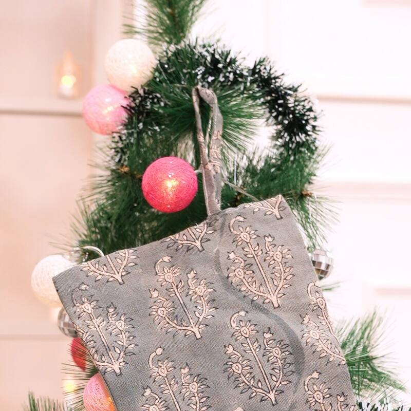 Fabdivine 16x6.5 Inches Hand Floral Block Print Christmas Stockings Tassle and Loop Perfect for Gift - 16"X6.5" - Neel Gagan- Grey - Christmas Stockings