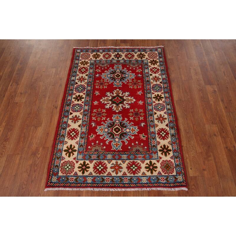 Geometric Kazak Foyer Rug Hand-Knotted Red Wool Carpet - 2'8" x 3'11"