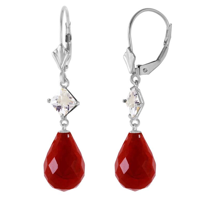 14K Solid Gold Leverback Gemstone Earrings w/ Rose Topaz & Rubies - White