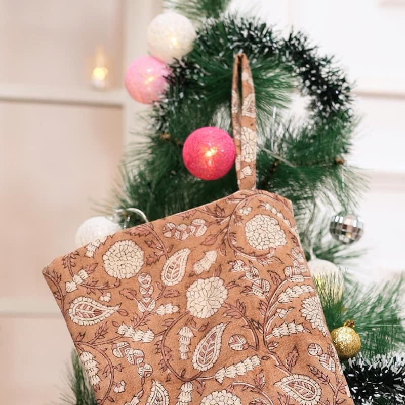 Fabdivine 16x6.5 Inches Hand Floral Block Print Christmas Stockings Tassle and Loop Perfect for Gift - 16"X6.5" - Gopi- Brown, Maroon - Christmas Stockings
