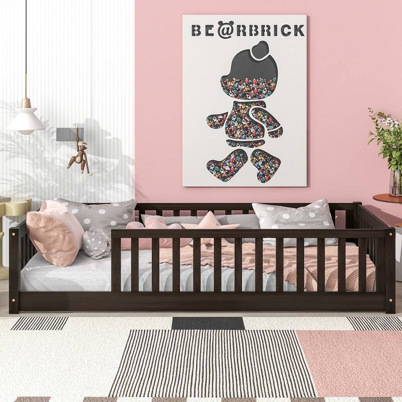 Twin Size Floor Bed with Fence without Door, with Safety Guardrails