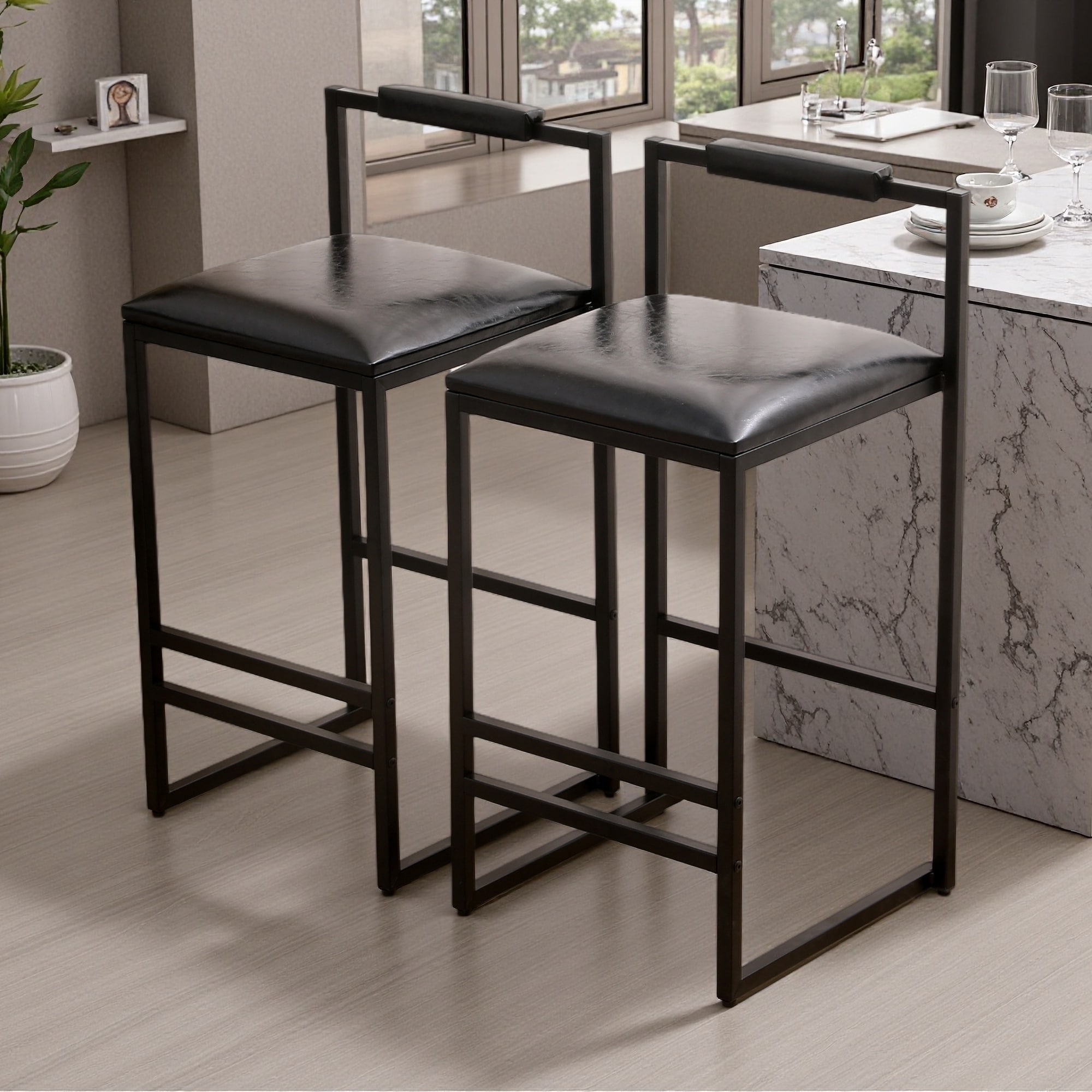 31.7"H Set of 2 Faux Leather Bar Stools Upholstered Counter Height Chairs with Low Back, Footrest & Metal Frame for Dining Room