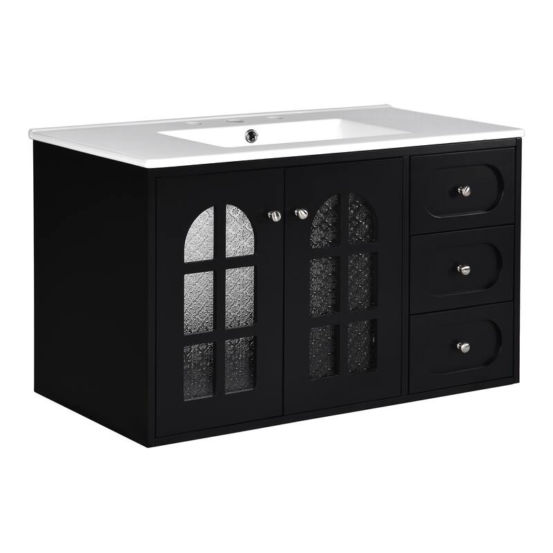 Roomfitters 36" Floating Vanity with Ceramic Sink, Wall Mounted Bathroom Cabinet with 3 Drawers and Soft-close System, Black