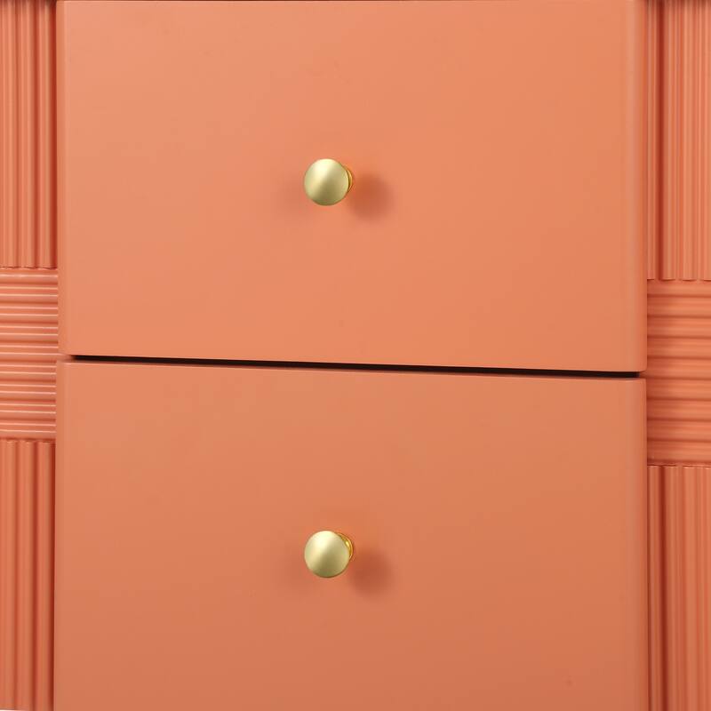Modern 2-Drawer Fluted Nightstand - Golden Metal Handles/Legs, Easy Assembly (Orange)