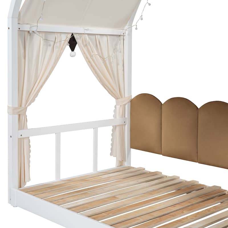 Wood Twin Size Bed Frame with Arched Roof, Floor Bed with Light and Curtain, Pull-out Kids Bed for Girls Boys Bedroom