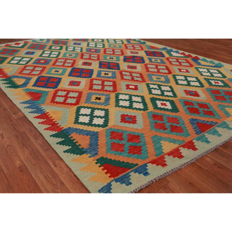 Hand Woven Oriental 100% Wool Carpet Southwestern Geometric Multi-Colored Kilim Area Rug - 8' 3'' X 5' 7''