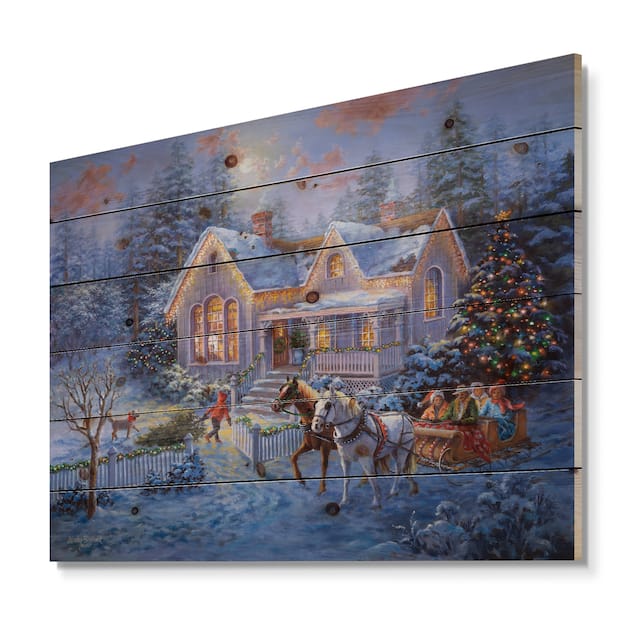 Designart 'Christmas Eve Family coming home in sleigh' Print on Natural Pine Wood - Blue
