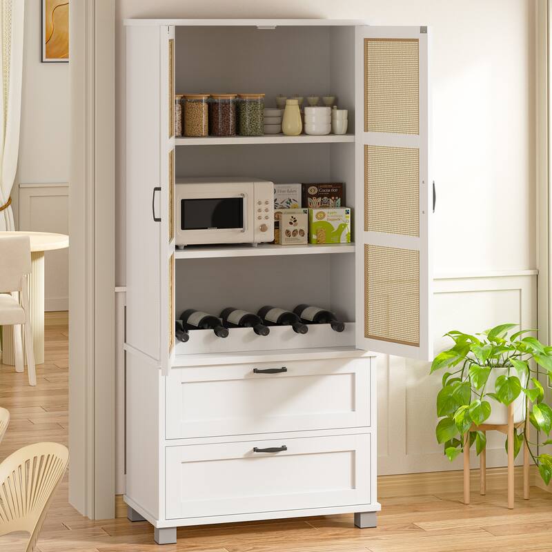 Rattan Door Pantry Storage Cabinet with Wine Rack - Freestanding Storage Organizer with Anti-Tip