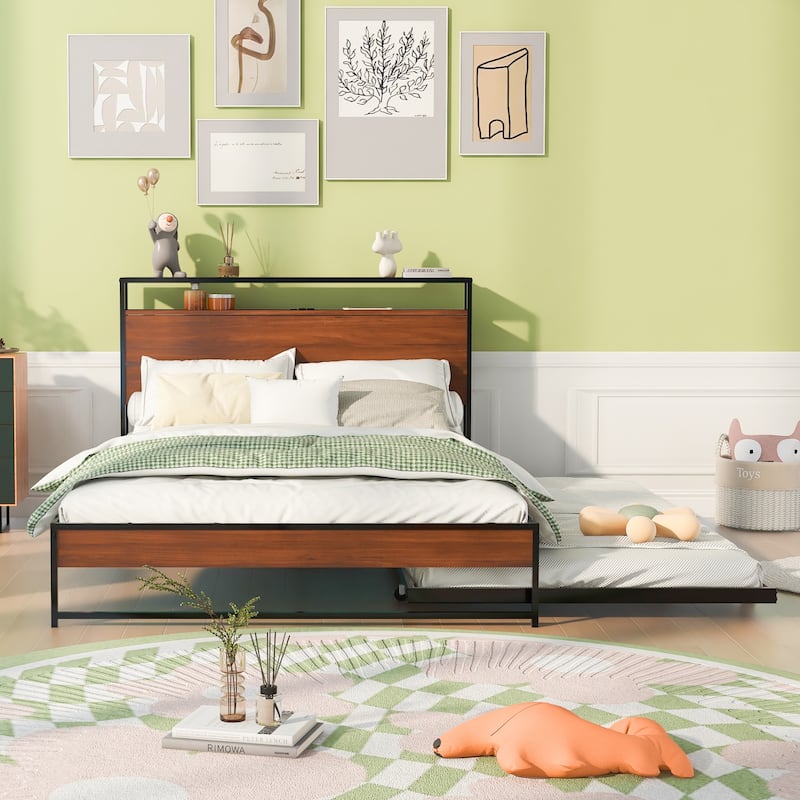 Metal Bed Frame Platform Bed with Storage Headboard, Pull-Out Trundle Bed, USB Ports, Metal Slat Support