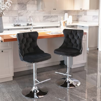 Modern Upholstered Chrome Base Bar Stools W/ Tufted Adjustable Swivel Bar Stools for Kitchen Island Home Bar (Set of 2), Black
