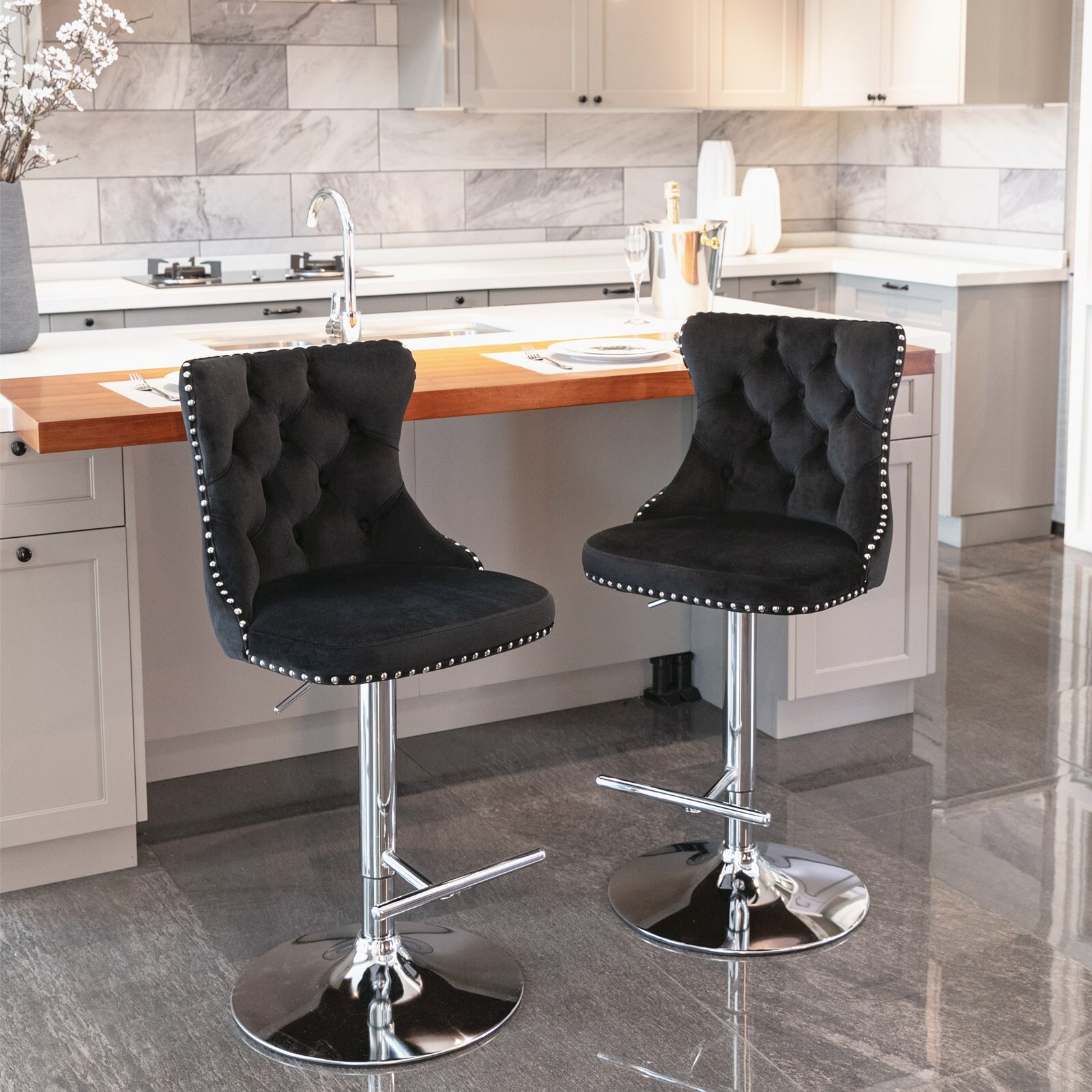 Velvet Barstools Swivel Bar Stools Tufted Island Dining Chairs, 2 Set