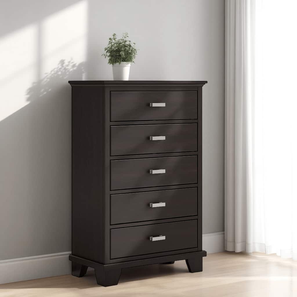 Teno Tall Dresser Chest, 5 Drawers, Nickel, Dark Brown Solid Hardwood