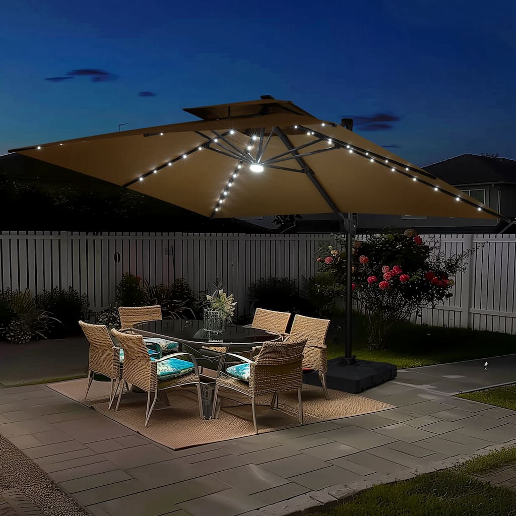 10 FT x 13 FT Outdoor Luxury Solar LED Patio Cantilever Umbrella With Base