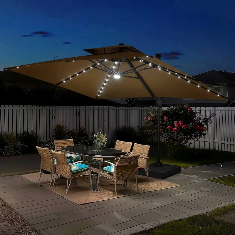 10 FT x 13 FT Outdoor Luxury Solar LED Patio Cantilever Umbrella With Base