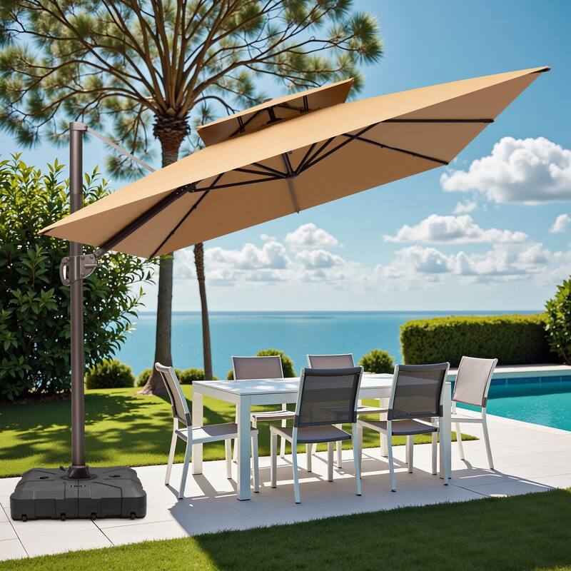 9 x 12 FT Outdoor Patio Double Top Rectangular Cantilever Umbrella with Wheel Base