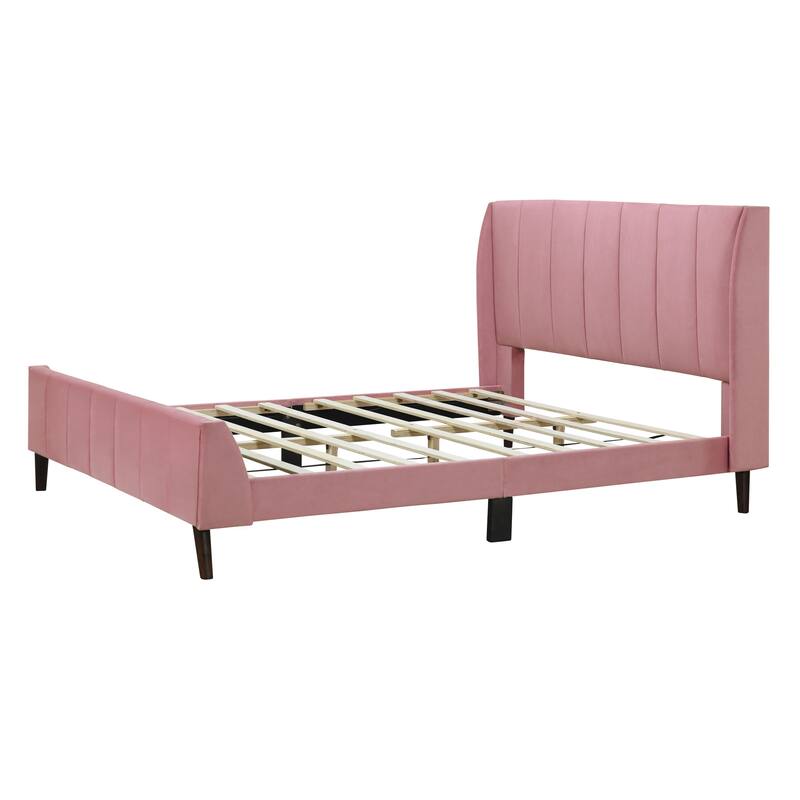 Queen Bed Frame Pink Platform Bed with Velvet Upholstered Headboard