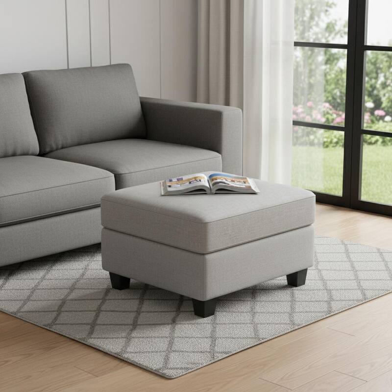 HomeRoots 26" Beige and Black Chenille Storage Ottoman - Light Gray