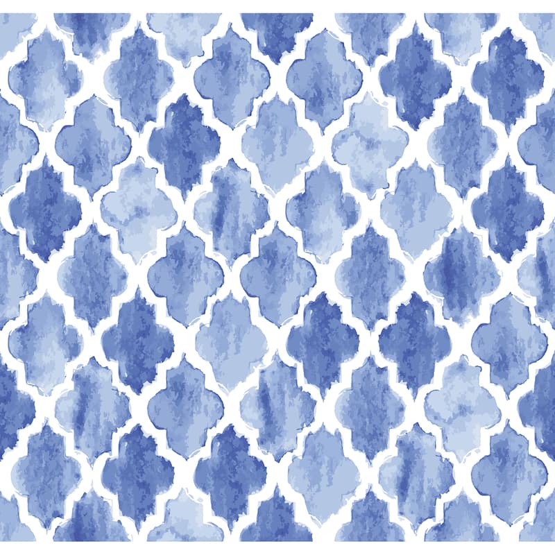 Arabesque Blue watercolor Tiles Removable Wallpaper - 10'ft H x 24''inch W - 10'ft H x 24''inch W - Baby Blue