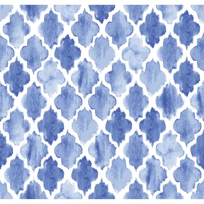 Arabesque Blue watercolor Tiles Removable Wallpaper - 10'ft H x 24''inch W