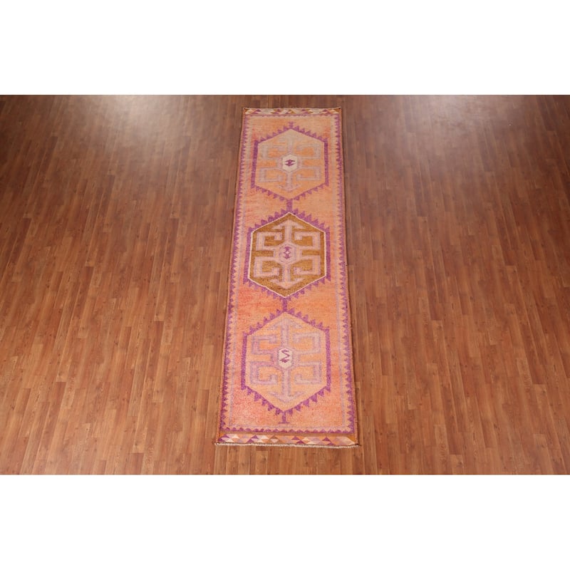 Geometric Oushak Oriental Vintage Runner Rug Hand-Knotted Wool Carpet - 3'6"x 10'4"