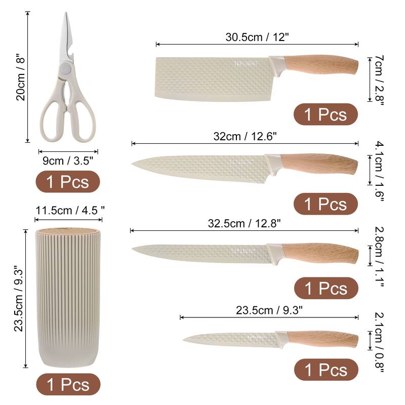 Kitchen Knife Set with Block, 6 Pcs Stainless Steel Knife Block Set - Khaki