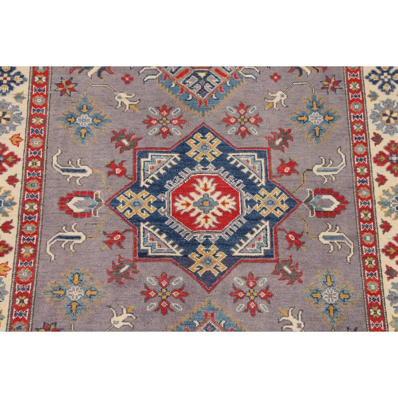 Gray Traditional / Geometric Kazak Rug Hand-Knotted Wool Carpet - 4'11" x 7'2"