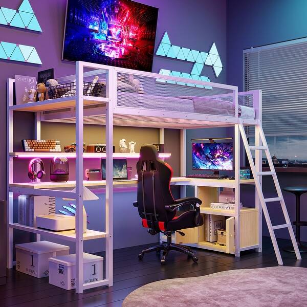 slide 2 of 18, Twin Size Metal Loft Bed with Built-in Work Station, LED and Multiple Storage, White White