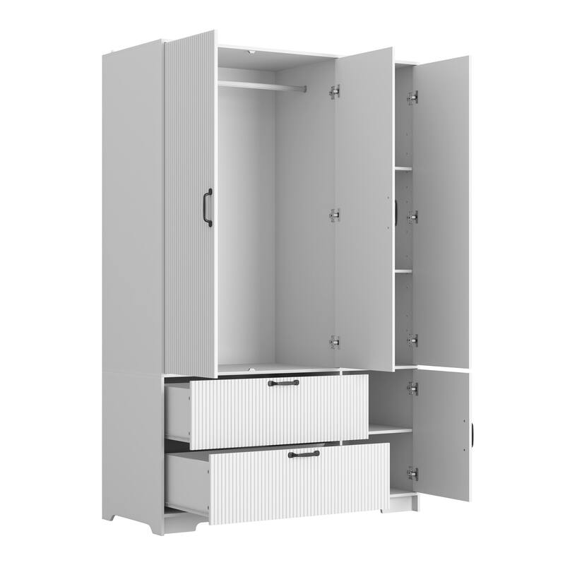4-Door Wardrobe Closet with Mirror & LED, Wooden Storage Cabinet with Hanging Rod & Adjustable Shelves