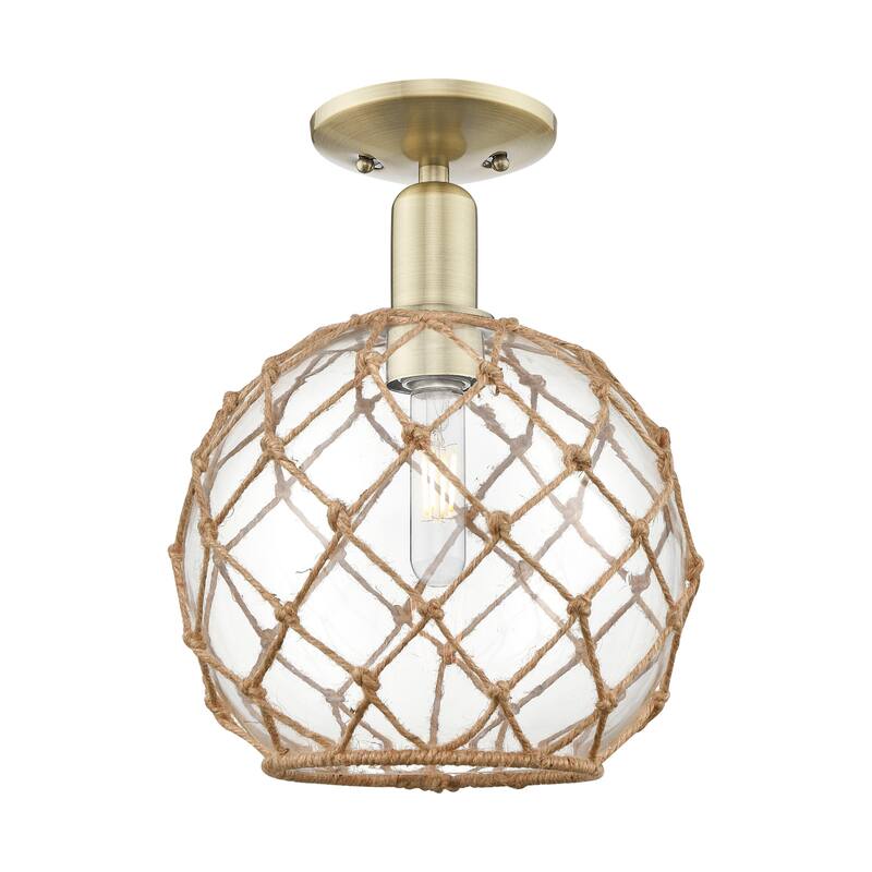 Innovations Lighting 716-1C-14-10 Farmhouse Rope Semi-Flush Farmhouse - Antique Brass / Clear Glass with Brown Rope