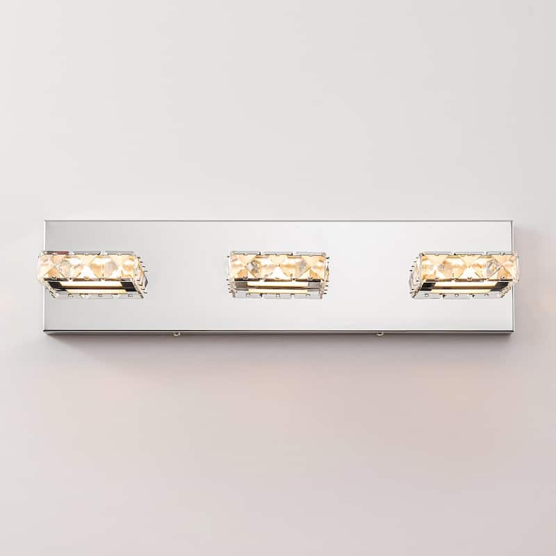 3-Light Modern Chrome Crystal Wall Light Square Integrated LED 3000K Bathroom Vanity Light