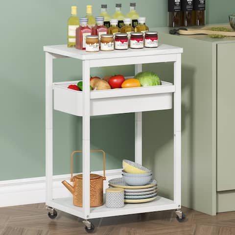 Kitchen Storage Cart with Removable Basket and Open Storage, Rolling Island Cart Microwave Rack on Wheels