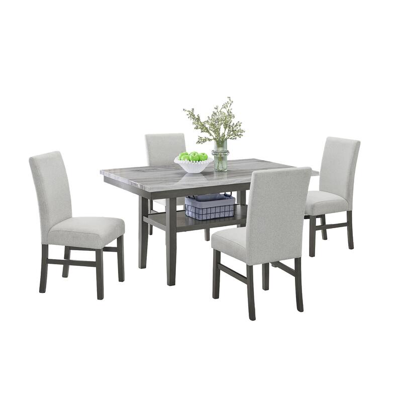 Selena 5-Piece 60" Gray Faux Marble Dining Set - Rectangular Table with 4 Chairs, Seats Up to 6 - Modern Gray Finish