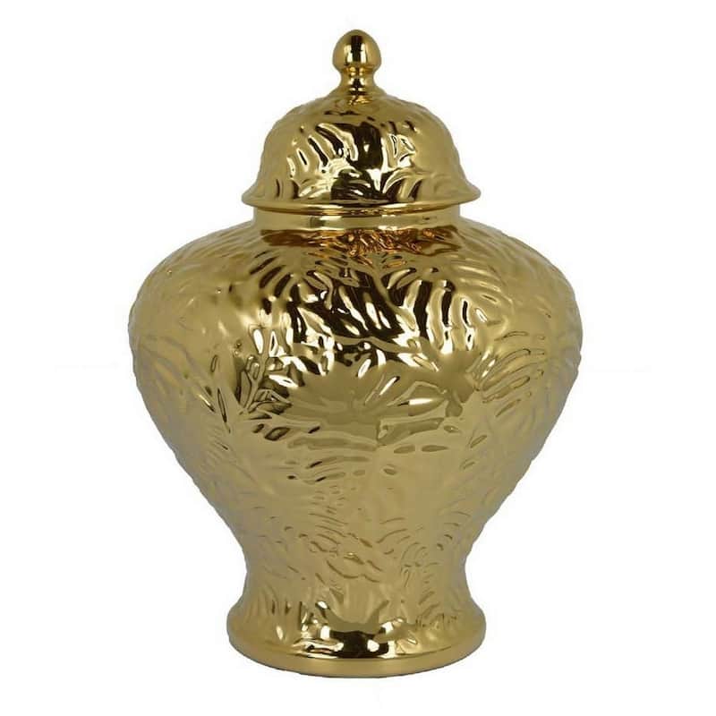 Aniea 18 Inch Accent Temple Jar, Geometric Design, Dome Lid, Gold Ceramic
