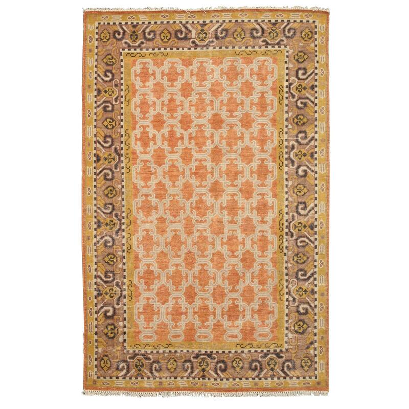 Orange Hand Knotted Wool Traditional Rug 6x9 - Elegant Geometric Detailing with Soft Luxurious Texture - N/A